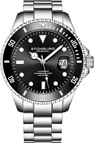 Stuhrling Original Ed. Ltd Reloj de Buceo Cuerda Automática para Hombre con Dial Negro Resistente al Agua a 200M Unidireccional con Bisel Trinquete y Pulsera Acero INOX. Sólido, Corona De Rosca