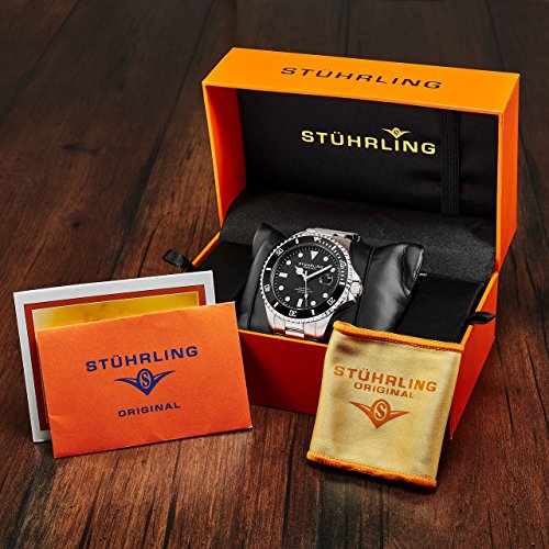 Stuhrling Original Ed. Ltd Reloj de Buceo Cuerda Automática para Hombre con Dial Negro Resistente al Agua a 200M Unidireccional con Bisel Trinquete y Pulsera Acero INOX. Sólido, Corona De Rosca