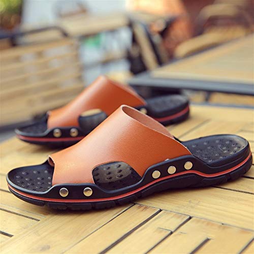 Suela de goma WoodenHeel superior de piel sintétic Classic Zapatillas for hombres al aire libre diapositivas plana playa zapatos Ronda de punta abierta Lug suela antideslizante genuino informal masaje