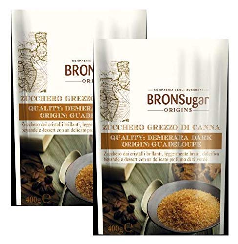 Sugars Company Bronsugar Bronsugar Raw Caña de azúcar Demerara Origen Oscuro Guadalupe Cristales brillantes ligeramente marrones y delicados aroma de té verde - 2 x 400 gramos