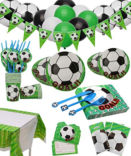 Suministros de Fiesta de FúTbol Para 12 Invitados, Incluye Platos, Tazas, Servilletas, Cucharas, Cuchillos, Tenedores, Tarjetas de Invitación, Mantel, Pancarta, Bolsas y Globos de Regalo, 168 Piezas