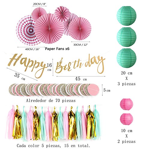 Sunbeauty 28 Piezas Cumpleaños Rosa Decoracion Fiesta, Linterna Menta Abanico de Papel Rosa Borla Dorado Guirnalda Pancartas Happy Birthday, Fiesta para Infantil Niña Cumpleanos Princesa