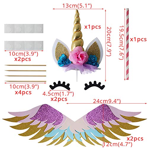 SUNSHINETEK Unicorn Cake Topper Set with Wings / Gold Glitter Unicorn Horn Horn / Sparkly Colorful Wings / Orejas / Pestañas para la Fiesta Suministros Cumpleaños Boda Navidad