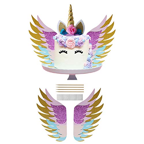 SUNSHINETEK Unicorn Cake Topper Set with Wings / Gold Glitter Unicorn Horn Horn / Sparkly Colorful Wings / Orejas / Pestañas para la Fiesta Suministros Cumpleaños Boda Navidad
