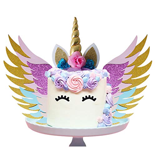 SUNSHINETEK Unicorn Cake Topper Set with Wings / Gold Glitter Unicorn Horn Horn / Sparkly Colorful Wings / Orejas / Pestañas para la Fiesta Suministros Cumpleaños Boda Navidad