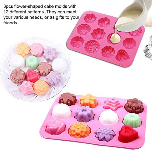 SUNSK Molde de Pastel de Silicona 12 cavidades 3D Molde de Flores Antiadherente Moldes para Tartas, Gelatina, Jabón, Muffin, Pudín Decoración de Hornear 3 Piezas