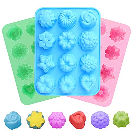 SUNSK Molde de Pastel de Silicona 12 cavidades 3D Molde de Flores Antiadherente Moldes para Tartas, Gelatina, Jabón, Muffin, Pudín Decoración de Hornear 3 Piezas