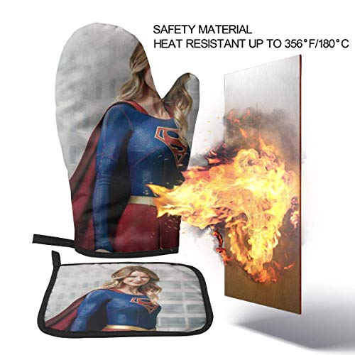 Supergirl Oven Mitts and Pot Holders Sets Guantes para hornos colgantes Soportes para ollas Juego de 2 piezas, para cocina Antideslizante Resistente al calor Barbacoa Cocción Hornear Parrilla Lavable