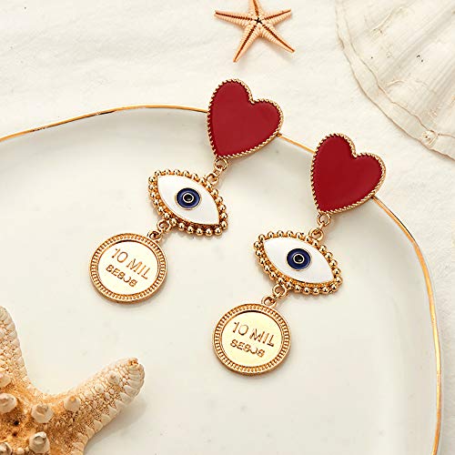 Suyi Pendientes Colgantes De Mal De Ojo Pendientes De La Gota De La Moneda Del Corazón Joyas De Declaración Punk Vintage Para Mujeres Evil Eye