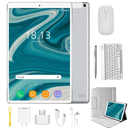 Tablet 10.1 Pulgadas 4G Android 9.0 Quad Core DUODUOGO P8 Tablet 4GB RAM 64GB ROM/128GB Escalables 8000mAh Dual SIM/Cámara Tablet PC Google GMS Netfilx OTG (Estándar + Teclado y Mouse, Plata)