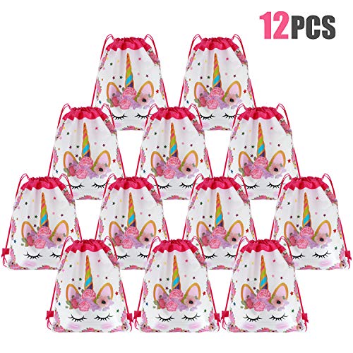 Tacobear 12 Piezas Unicornio Bolsa Regalo Bolsa de Cuerdas Unicornio Bolsa con cordón Mochila Bolsa Dulces Gimnasio Backpack para Infantil Niñas Fiesta Cumpleaños Party (Blanco)