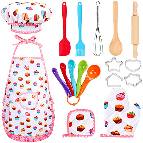 Tacobear 18 Piezas Juego de Simulación Juegos de rol de Cocina y Horneado Juego de Cocina para Niños Niña con Delantal Gorro de Cocinero Mitón de Cocina y Cortadores de Galletas