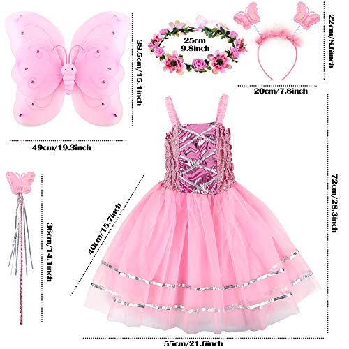 Tacobear Disfraz Hada Niña Disfraz Mariposa con Alas Hada Vestido Diademas Corona Flores Varitas Magicas Hada Mariposa Princesa Disfraces Accesorios Regalos Fiesta Cumpleaños para Niñas Niños (Rosa)