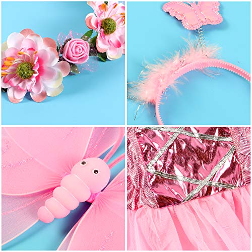 Tacobear Disfraz Hada Niña Disfraz Mariposa con Alas Hada Vestido Diademas Corona Flores Varitas Magicas Hada Mariposa Princesa Disfraces Accesorios Regalos Fiesta Cumpleaños para Niñas Niños (Rosa)