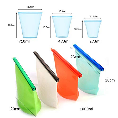 Tangger 7 ST Bolsa de Comida de Silicona 1000ml/710ml/473ml/273ml,Bolsas Reutilizables para Almacenamiento de Alimentos Silicona Preservación de Alimento Hermética para Leche Vegetal Frutas