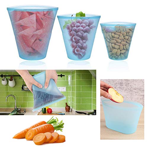 Tangger 7 ST Bolsa de Comida de Silicona 1000ml/710ml/473ml/273ml,Bolsas Reutilizables para Almacenamiento de Alimentos Silicona Preservación de Alimento Hermética para Leche Vegetal Frutas