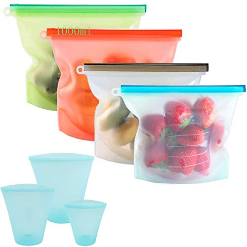 Tangger 7 ST Bolsa de Comida de Silicona 1000ml/710ml/473ml/273ml,Bolsas Reutilizables para Almacenamiento de Alimentos Silicona Preservación de Alimento Hermética para Leche Vegetal Frutas