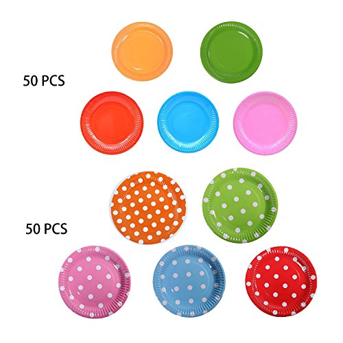 Tangger Juego de 100 Piezas Multicolores de Platos de Papel Desechables Ideales para Alimentos Fríos y Pastel de Postre, cumpleaños, Bodas, bautizos y Fiestas