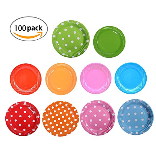 Tangger Juego de 100 Piezas Multicolores de Platos de Papel Desechables Ideales para Alimentos Fríos y Pastel de Postre, cumpleaños, Bodas, bautizos y Fiestas