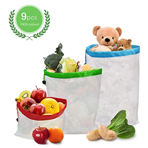 TAOPE Bolsa reutilizable para productos de transporte, 9 paquetes, lavable, de alta calidad, liviana, para almacenamiento de compras, frutas, verduras y juguetes