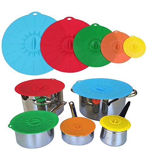 Tapa de silicona Ventosa Muticolor alimentos cubiertas set de 5pieces para cuencos, ollas. sartenes y skillets, microondas y mantener la cocina bien y alimentos frescos por jfq Sunsine