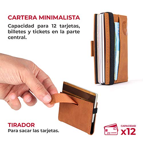 Tarjetero Original Minimalista y antirrobo con Seguridad RFID para Hombre y Mujer. Cartera Billetera Slim pequeña y compacta con Capacidad para 12 Tarjetas y Billetes. Regalo. GOANSEE (Marrón Oscuro)