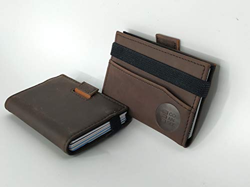 Tarjetero Original Minimalista y antirrobo con Seguridad RFID para Hombre y Mujer. Cartera Billetera Slim pequeña y compacta con Capacidad para 12 Tarjetas y Billetes. Regalo. GOANSEE (Marrón Oscuro)