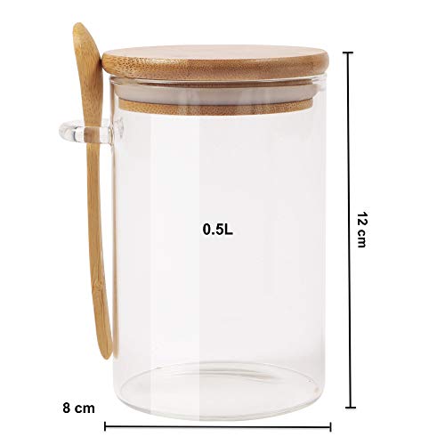 Tarro de cristal con tapa de bambú natural y cuchara, hermético pequeño tarro transparente para almacenamiento de cocina, para azúcar, semillas, sal, pimienta, especias (500 ml)