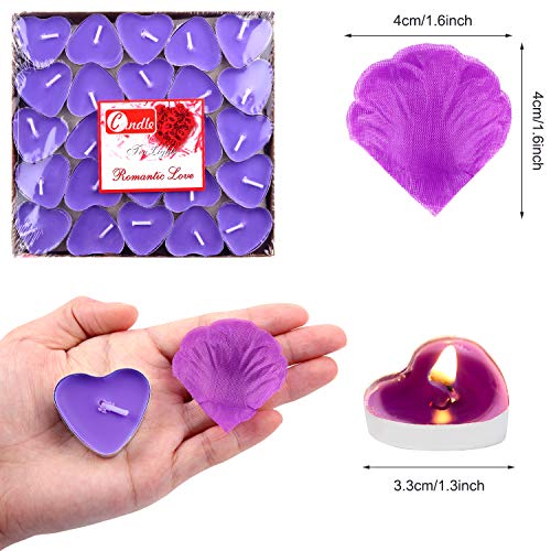 Tatuo 50 Velas en Forma de Corazón Velas de Té Románticas y 200 Pétalos de Rosa de Seda Pétalos de Flores Artificiales para Día de San Valentín Boda Cumpleaños (Vela Morado, Pétalo Morado)