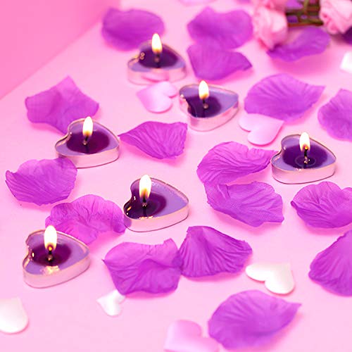 Tatuo 50 Velas en Forma de Corazón Velas de Té Románticas y 200 Pétalos de Rosa de Seda Pétalos de Flores Artificiales para Día de San Valentín Boda Cumpleaños (Vela Morado, Pétalo Morado)