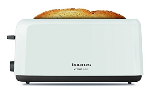 Taurus Mytoast Duplo-Tostadora (1450 W, Tres Funciones, Iluminación LED) 0 Decibeles, 2 Ranuras Extra Largas, Plástico, Color Blanco