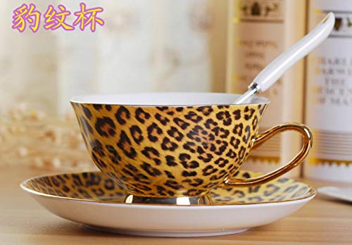 Taza creativa con estampado de leopardo Taza y plato de café British Royal Tea Cappuccino Set de bebida de cerámica Golden Edge Bone China Mug + Dish