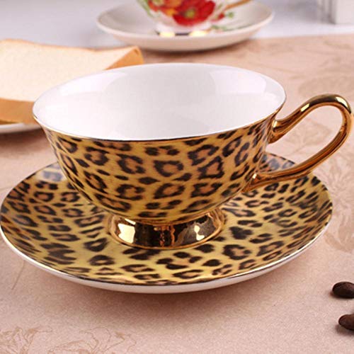 Taza creativa con estampado de leopardo Taza y plato de café British Royal Tea Cappuccino Set de bebida de cerámica Golden Edge Bone China Mug + Dish