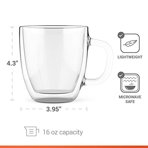 Taza de café grande con doble pared aislante, 470 ml – Jarra de café apta para lavavajillas y microondas – Jarro de café de exclusivo cristal transparente aislado y con asa