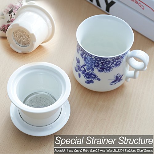 Taza de té japonesa (400ML) con colador y tapa (azul y blanco), infusor, taza infundida, filtro de elaboración de la cerveza, decoración para el hogar de Steeper Men Mom