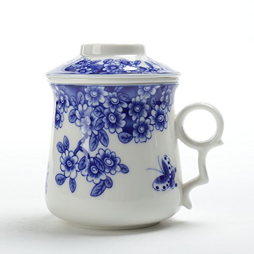 Taza de té japonesa (400ML) con colador y tapa (azul y blanco), infusor, taza infundida, filtro de elaboración de la cerveza, decoración para el hogar de Steeper Men Mom