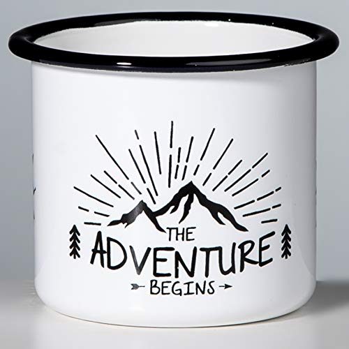 Taza esmaltada THE ADVENTURE BEGINS, ideal para acampada, senderismo