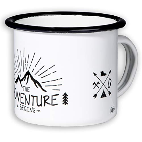 Taza esmaltada THE ADVENTURE BEGINS, ideal para acampada, senderismo