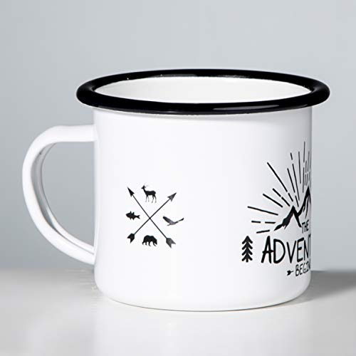 Taza esmaltada THE ADVENTURE BEGINS, ideal para acampada, senderismo