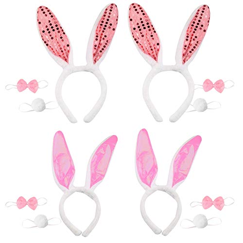 TAZEMAT 4 Unidades Conjunto de Disfraz de Conejo Diadema de Oreja de Conejo Pajarita Cola para Niñas Adultos Disfraz de Conejita Accesorio para Fiestas Pascua Despedida de Soltera Cosplay