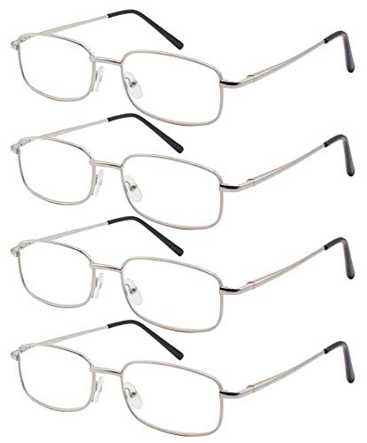 TBOC Gafas de Lectura Presbicia Vista Cansada - [Pack 4 Unidades] Graduadas +2.00 Dioptrías Montura Metálica Plateada Ligera Diseño Moda Hombre Mujer Unisex Lentes de Aumento para Leer Ver Cerca