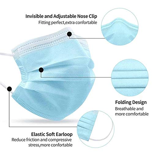 TBOC Protección Facial Desechable - [Pack 50 Unidades] [Color Azul] Antipolen Antipolvo Ligera Suave y Transpirable con Pinza Nasal No Reutilizable