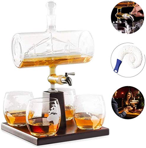 Tcbz Decantador de Vino Blanco, decantadores de Whisky escocés 1000 ml de Alcohol, dispensador de Grifo de Acero Inoxidable, Juego de 4 Vasos con Mapa del Mundo Grabado, con Cepillo decantador, g