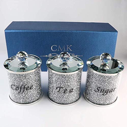 Té triturado de diamante para té, café y azúcar, tarros de almacenamiento de cocina, adornos de plata, con relleno de cristal, escritura negra