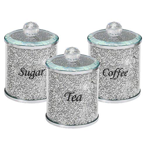 Té triturado de diamante para té, café y azúcar, tarros de almacenamiento de cocina, adornos de plata, con relleno de cristal, escritura negra