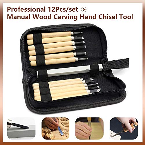 Teabelle 12Pcs Juego de cinceles para tallar con afilador Manual para carpintería, Cuchillo de Grabado en Madera, Juego de cinceles, Juego de Herramientas de cincel Manual para Bricolaje