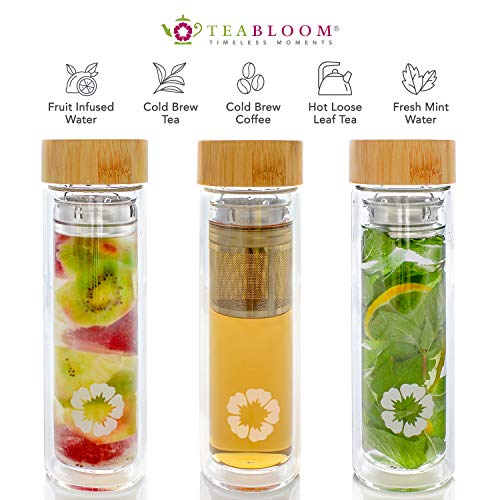 Teabloom Vaso Multiusos - 0,45 L - Bambú Natural Y Botella De Vidrio Templado - Infusor De Té Frío Y Caliente - Café De Cerveza Fría - Agua Infundida Con Fruta - Vaso De Té - The Pathfinder