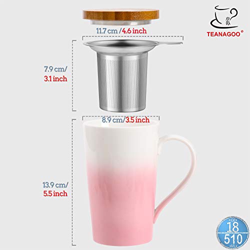 TEANAGOO Taza de té M066-P Bone China con difusor y tapa, 510 ml, rosa, taza de té de oficina con voltaje fuerte Filtro de preparación más recto para té suelto