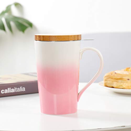 TEANAGOO Taza de té M066-P Bone China con difusor y tapa, 510 ml, rosa, taza de té de oficina con voltaje fuerte Filtro de preparación más recto para té suelto