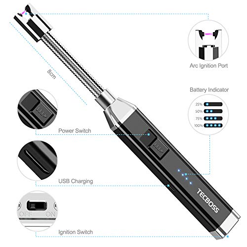 Tecboss Encendedor, Mechero de Arco Eléctrico Recargable con Batería de 2600mAh, Más de 1000 Veces de Uso tras Carga, Largo Cuello Rotatorio de 360º, Interruptor de Seguridad, sin Chispa y Olor